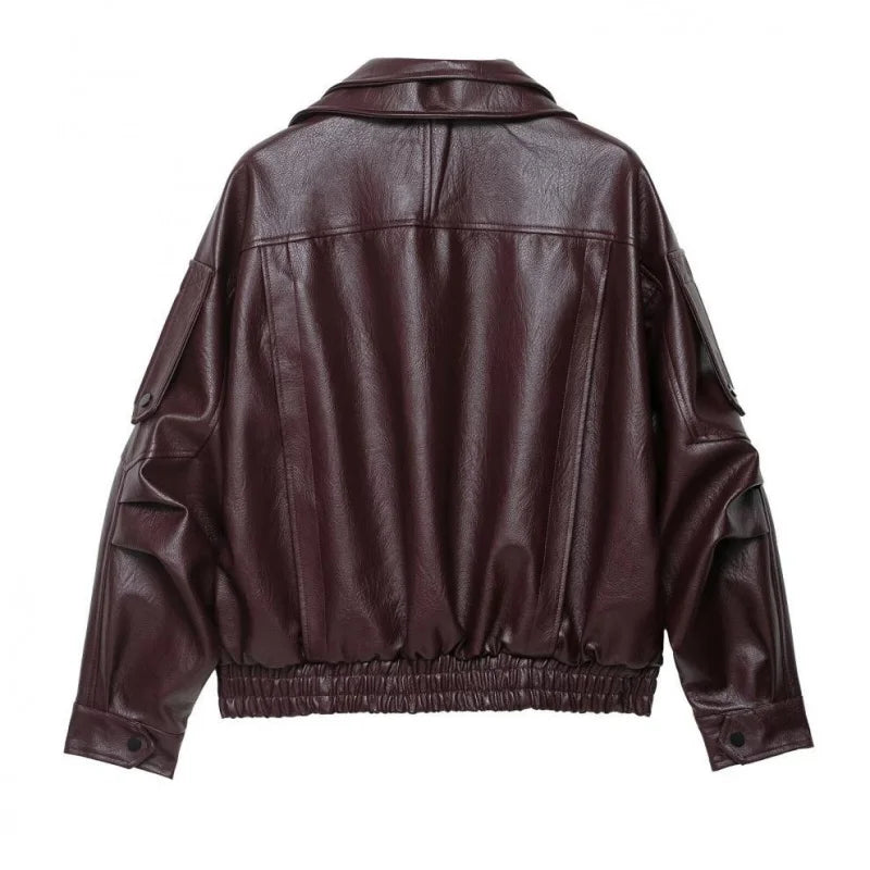 26 Women's Faux Leather Jacket Spring Fashion Zip-Up Stand Collar Oversized Deep Burgundy Biker Coat for Daily Commute & Outings