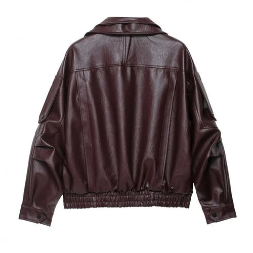 26 Women's Faux Leather Jacket Spring Fashion Zip-Up Stand Collar Oversized Deep Burgundy Biker Coat for Daily Commute & Outings