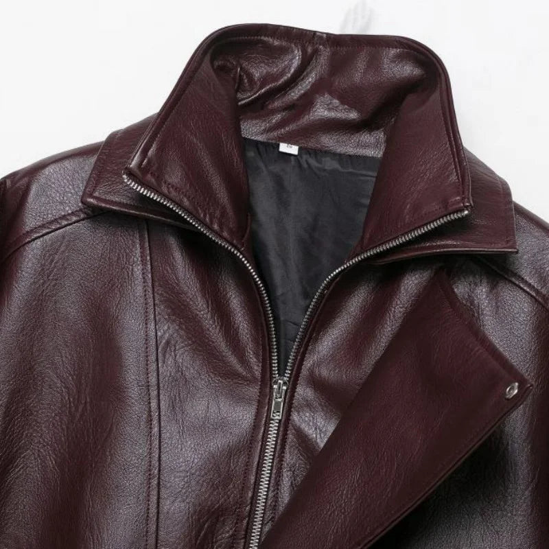 26 Women's Faux Leather Jacket Spring Fashion Zip-Up Stand Collar Oversized Deep Burgundy Biker Coat for Daily Commute & Outings