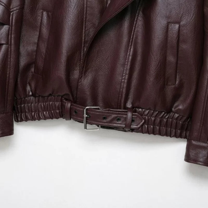 26 Women's Faux Leather Jacket Spring Fashion Zip-Up Stand Collar Oversized Deep Burgundy Biker Coat for Daily Commute & Outings