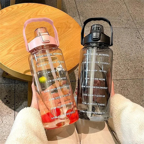 2L Water Bottle with Time Marker, Leak Proof, Non-Slip, Plastic  Portable Travel Water Bottle Fitness Cup With Cute Stickes