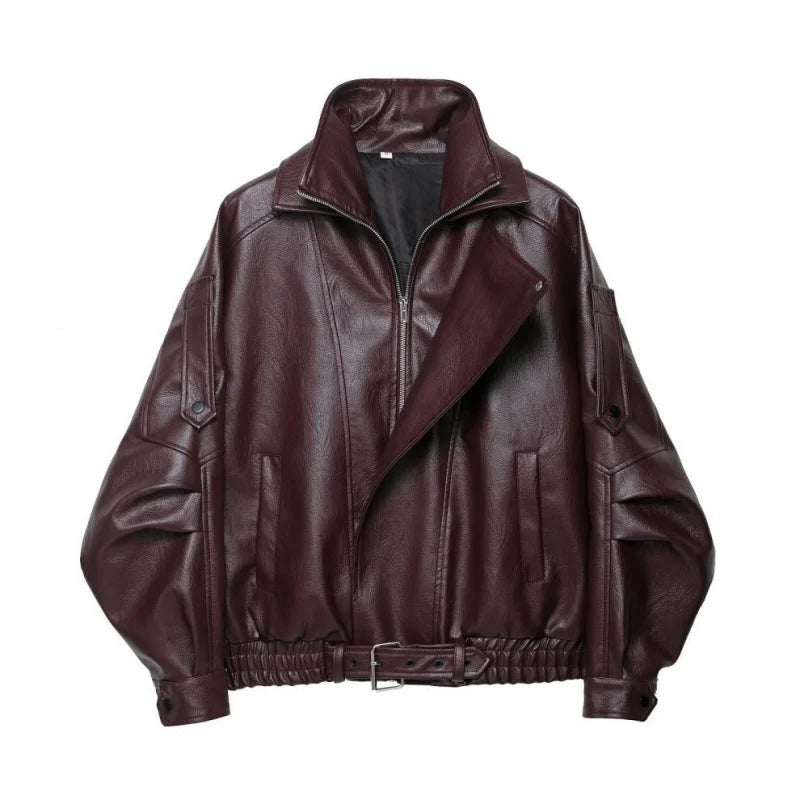 26 Women's Faux Leather Jacket Spring Fashion Zip-Up Stand Collar Oversized Deep Burgundy Biker Coat for Daily Commute & Outings
