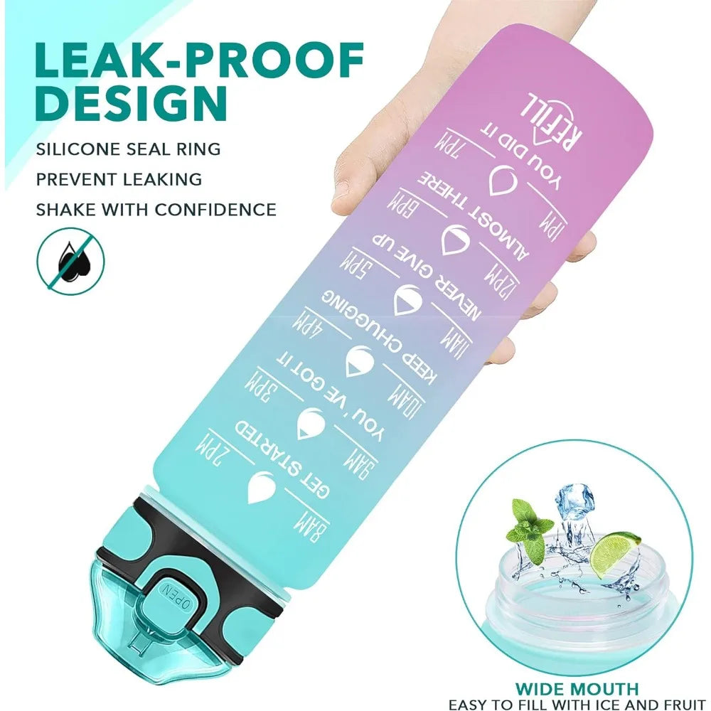 32 oz Drinking Water Bottle with Times to Drink and Straw, Motivational with Carrying Strap, Leakproof BPA & Toxic Free