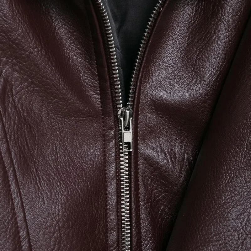 26 Women's Faux Leather Jacket Spring Fashion Zip-Up Stand Collar Oversized Deep Burgundy Biker Coat for Daily Commute & Outings